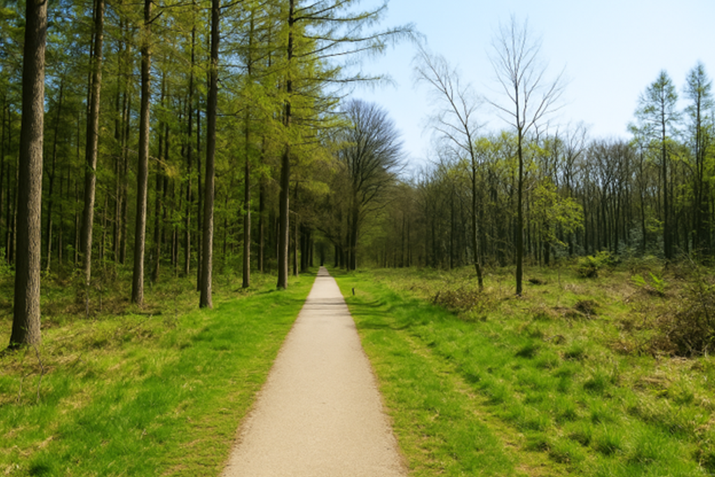 Quiet cycling path through the lush green forest of the Utrechtse Heuvelrug, bordered by tall pine and deciduous trees.