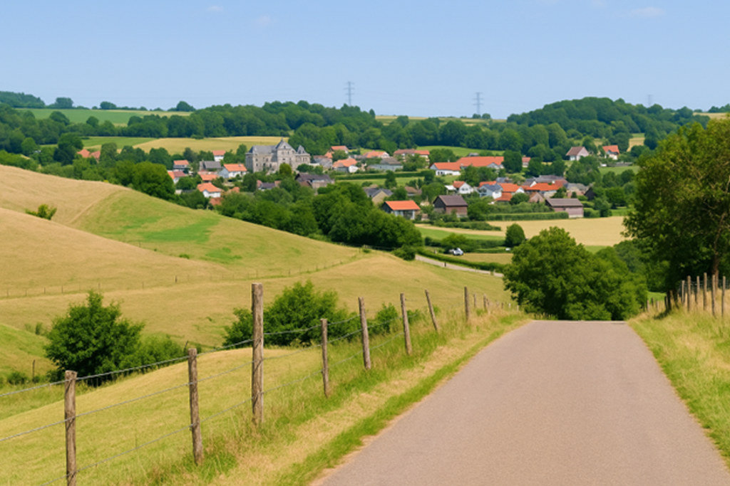 Rolling hills and a quiet country road leading to a picturesque village in the Limburg region of the Netherlands, surrounded by lush green farmland and forests.